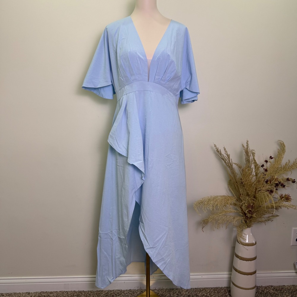 BARONSHION Size Large Light Blue V-Neck Flutter Sleeve Slit Midi Maxi Dress